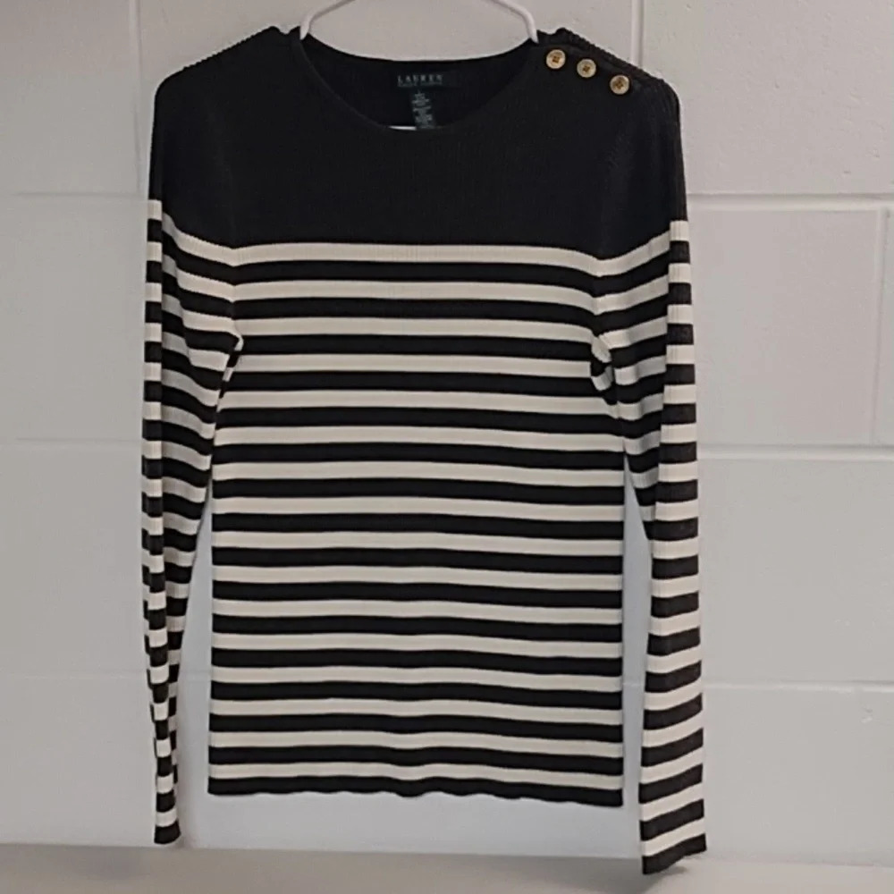 Lauren Ralph Lauren Rib Knit, Gold Button Shoulder, Gray & Cream Stripe Sweater - Picture 11 of 11